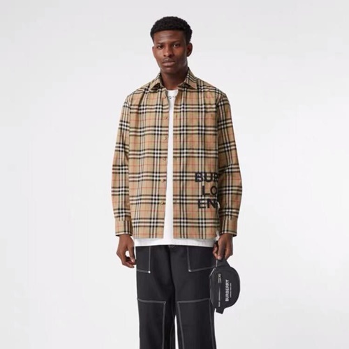 バーバリーメンズポロコットンチェックシャツt0059カーキ