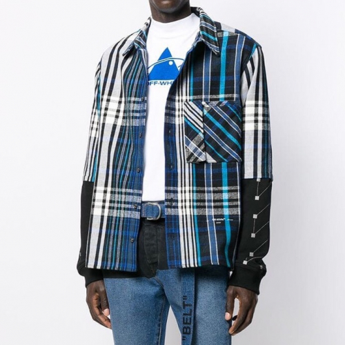 オフホワイトメンズベーシックコットンチェックシャツf01082(ブルー/レッド)