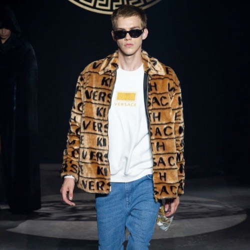 -ヴェルサーチェメンズカジュアルジップアップ毛皮ジャケットr0296キャメル