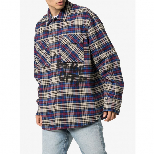 オフホワイトメンズベーシックオーバーサイズウールチェックシャツf0228ブルー