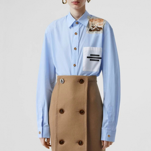 バーバリーレディースクラシックカジュアルコットンシャツr01871.ブルー