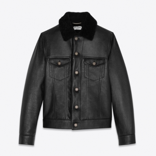 サンローランメンズカジュアルフランネルレザージャケットl0082.ブラック