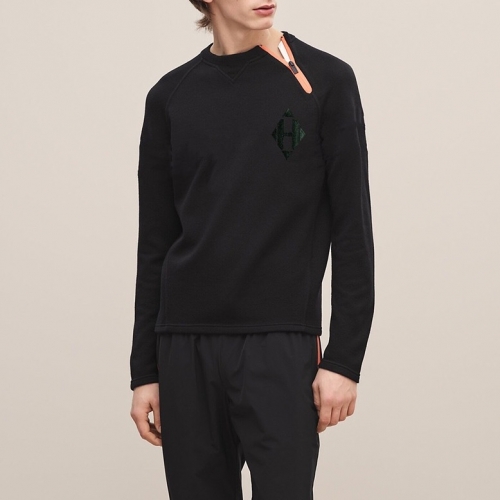 -エルメスメンズクルーネックカジュアル長袖Tシャツr0381.ブラック