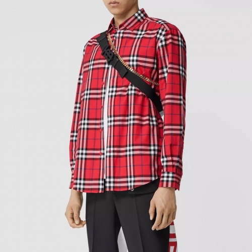 バーバリーバーバリーメンズクラシックカジュアルコットンチェックシャツr02070.レッド