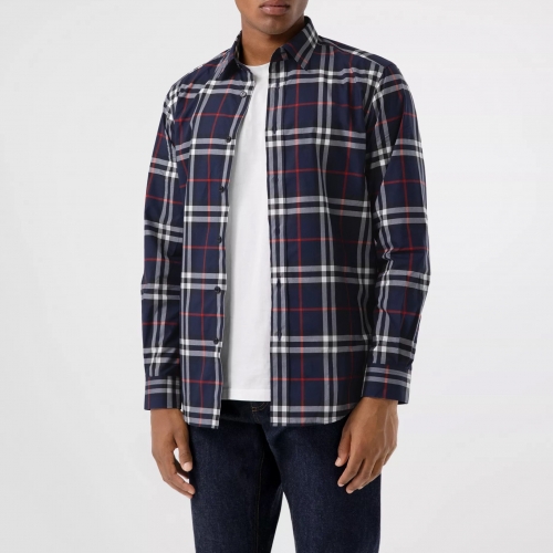 バーバリーバーバリーメンズクラシックカジュアルコットンチェックシャツr02137.ネイビー