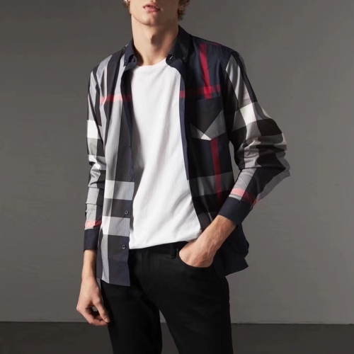 バーバリーバーバリーメンズクラシックカジュアルコットンチェックシャツr02203.ネイビー