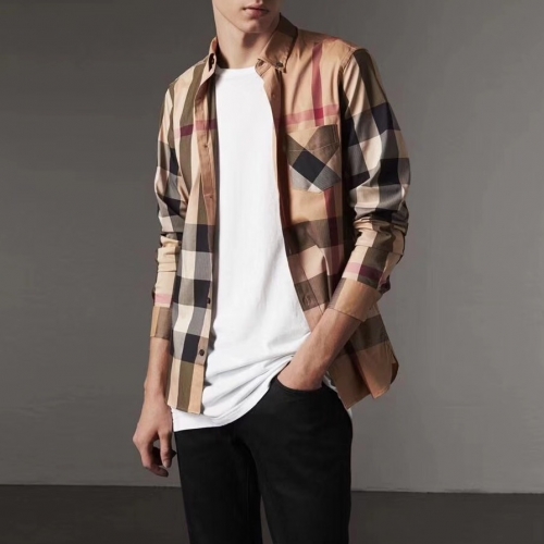 バーバリーバーバリーメンズクラシックカジュアルコットンチェックシャツr02204キャメル