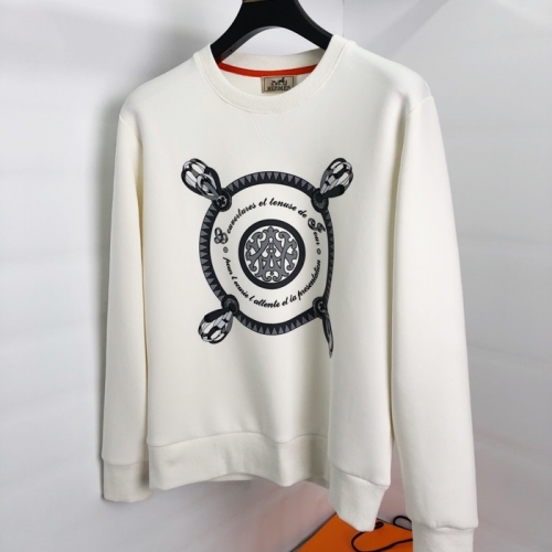 -エルメスメンズクルーネックカジュアルコットン起毛長袖Tシャツr0509.ホワイト