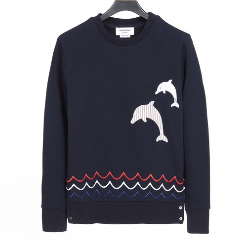 トムブラウン-トムブラウンユニセックスクルーネック長袖Tシャツm0966ネイビー