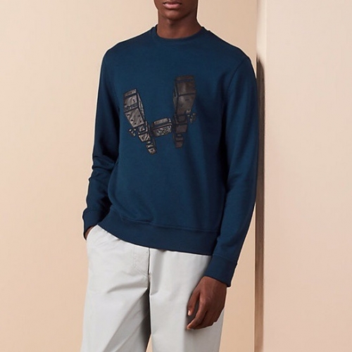 -エルメスメンズクルーネックカジュアルコットン起毛長袖Tシャツr0515.グリーン