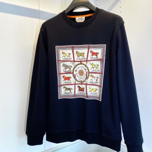 -エルメスメンズクルーネックカジュアルコットン起毛長袖Tシャツr0518ブラック