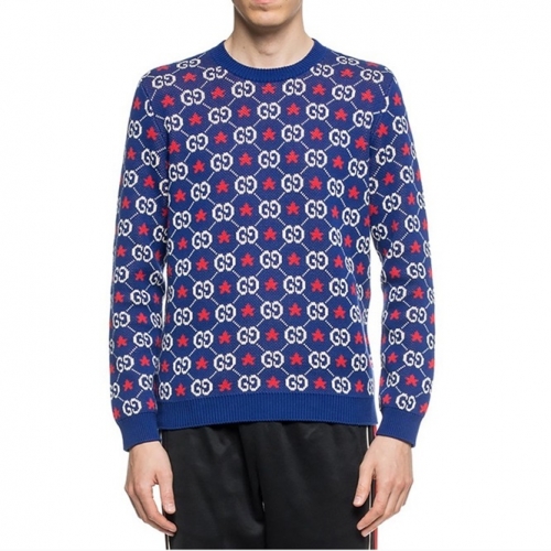 -グッチユニセックスカジュアルクルーネックウールセーターc03065ブルー