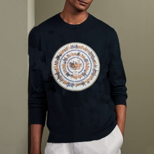 エルメス-エルメスメンズクルーネックカジュアルコットン起毛長袖Tシャツr0534ブラック