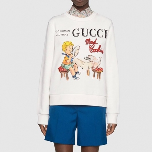 グッチ-グッチユニセックスコットンクルーネック長袖Tシャツc03237アイボリー