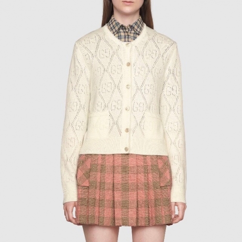 -グッチレディーストレンディクルーネックウールカーディガンc03319ホワイト