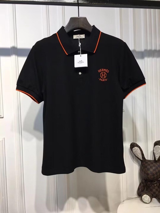 エルメスエルメスメンズポロ半袖Tシャツr0574ブラック/ホワイト/オレンジ
