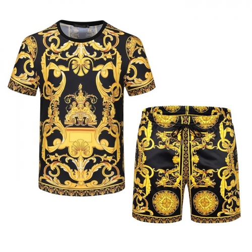 ヴェルサーチェメンズシルケット半袖トレーニングふく&ショートパンツr0824ブラック