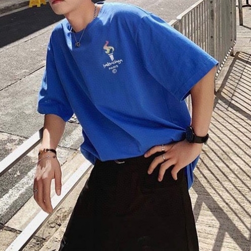 バレンシアガユニセックスコットン半袖Tシャツl01048ブルー