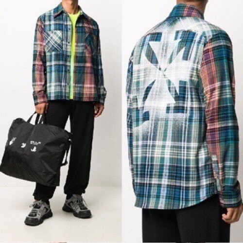 オフホワイトメンズベーシックコットンチェックシャツf0752ブルー
