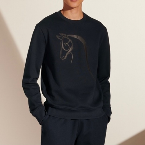 -エルメスメンズクルーネックカジュアルコットン起毛長袖Tシャツr0684ネイビー