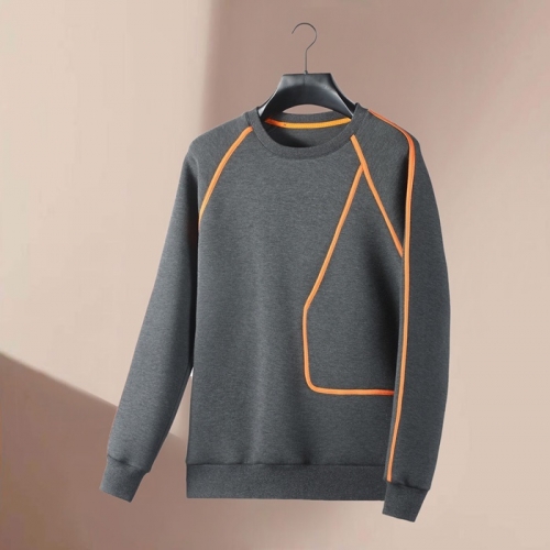 -エルメスメンズクルーネックカジュアルコットン起毛長袖Tシャツr0700グレー