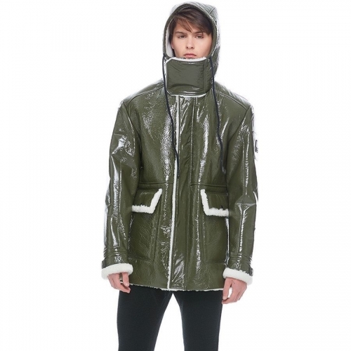 ムースナックルズユニセックスレザーコートo0114グリーン