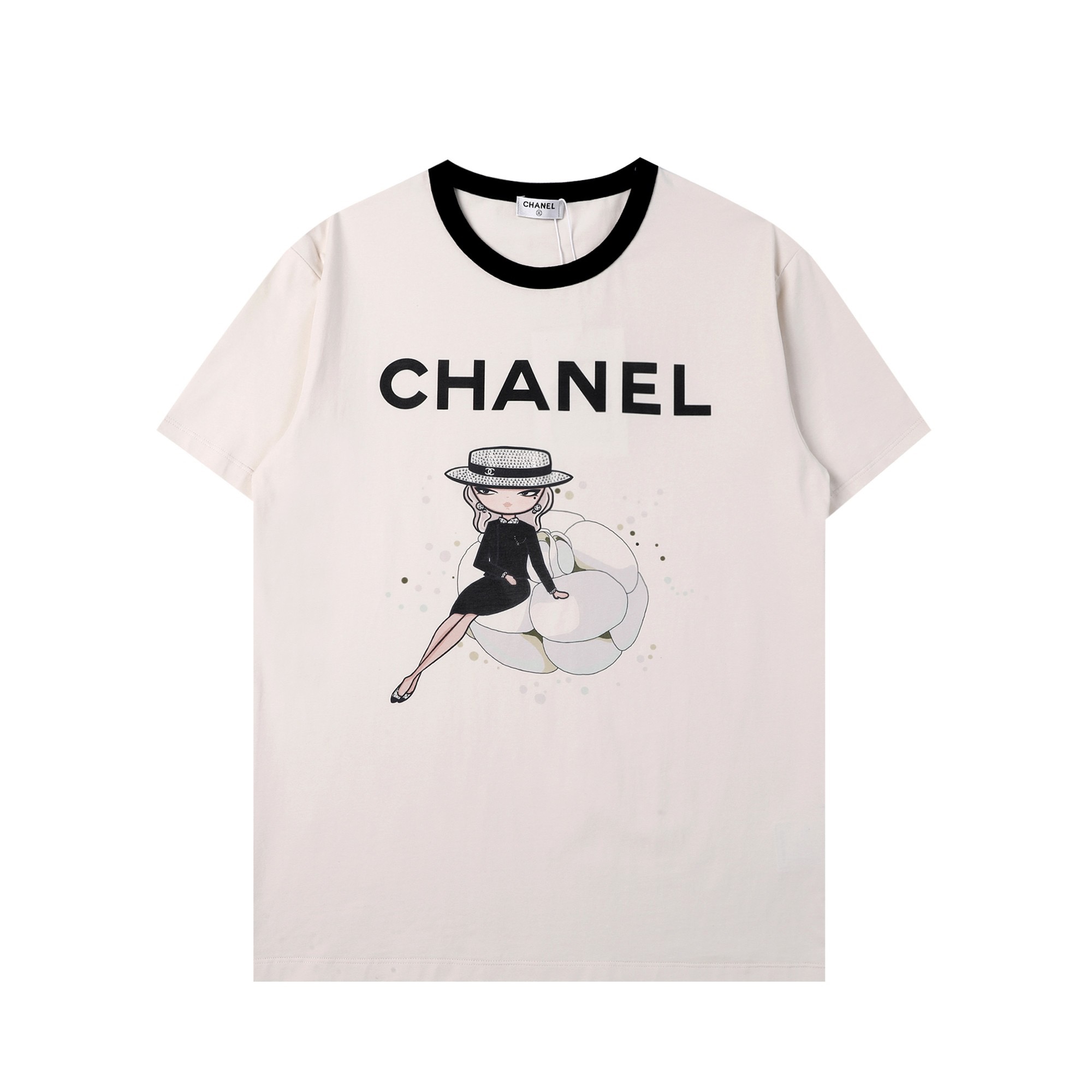 シャネルレディースクルーネックホワイト半袖Tシャツl0830