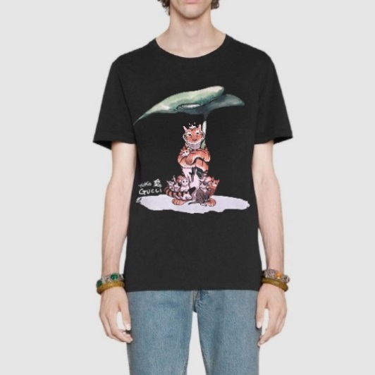 グッチメンズクルーネックブラック半袖Tシャツc04578