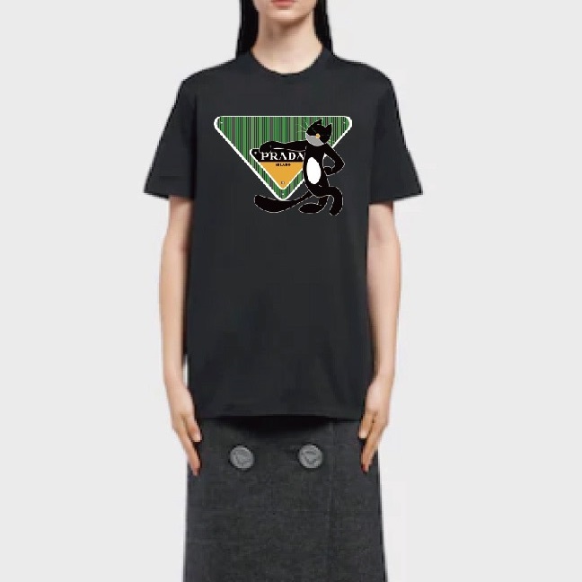 プラダレディース用クルーネックブラック半袖Tシャツa02578