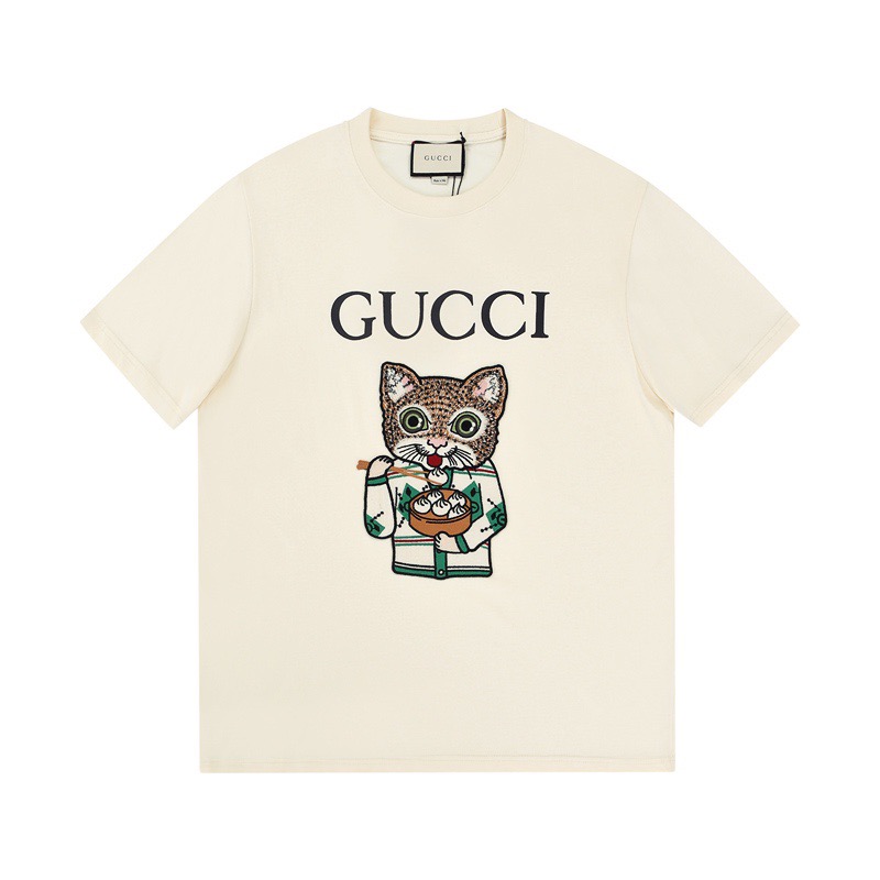 グッチメンズクルーネックアイボリー半袖Tシャツc04581