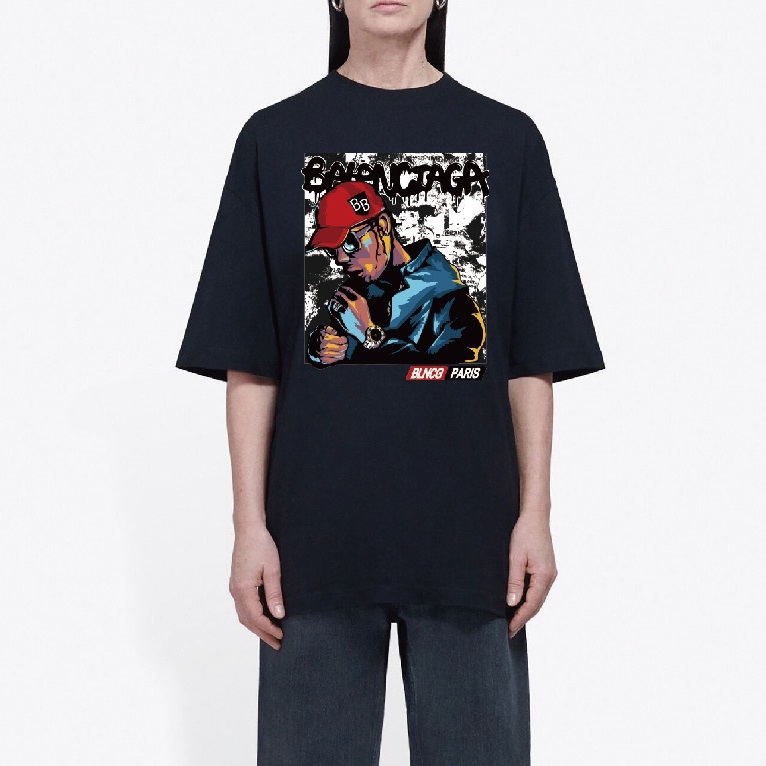 バレンシアガユニセックスクルーネックブラック半袖Tシャツl01289