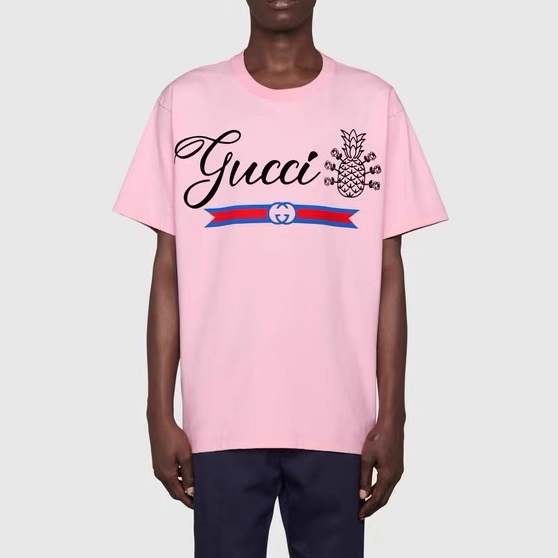 グッチメンズクルーネックピンク半袖Tシャツc04586