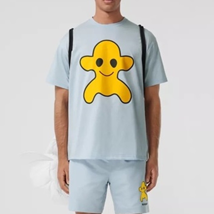 バーバリーユニセックスクルーネックブルー半袖Tシャツr04215