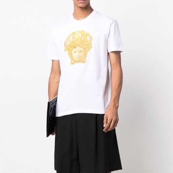 ヴェルサーチェメンズクルーネックホワイト半袖Tシャツr0880