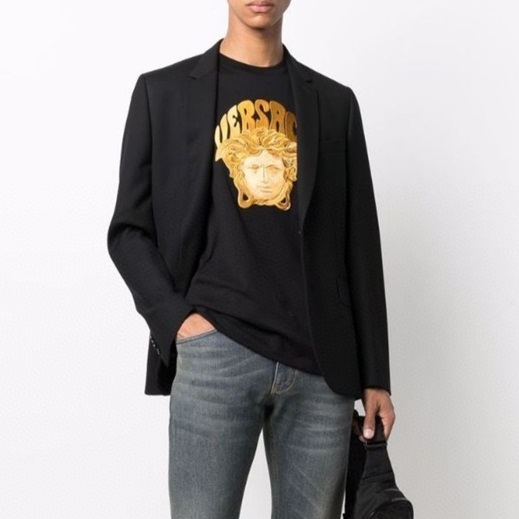 ヴェルサーチェメンズクルーネックブラック半袖Tシャツr0879