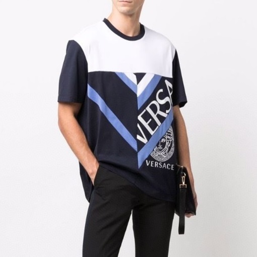 ヴェルサーチェメンズクルーネックブラック半袖Tシャツr0882