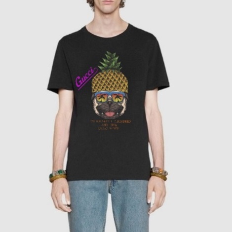 グッチユニセックスクルーネックブラック半袖Tシャツc04609