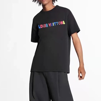 ルイヴィトンユニセックスクルーネックブラック半袖Tシャツu03957