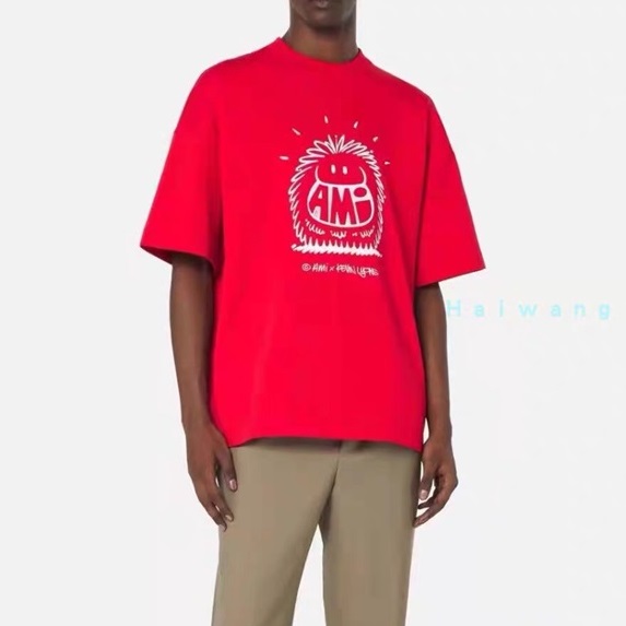 アミユニセックスクルーネックレッド半袖Tシャツi0269