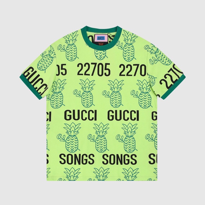 グッチユニセックスクルーネックグリーン半袖Tシャツc04627