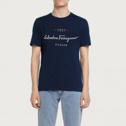 サルヴァトーレフェラガモメンズネイビークルーネック半袖Tシャツr3042