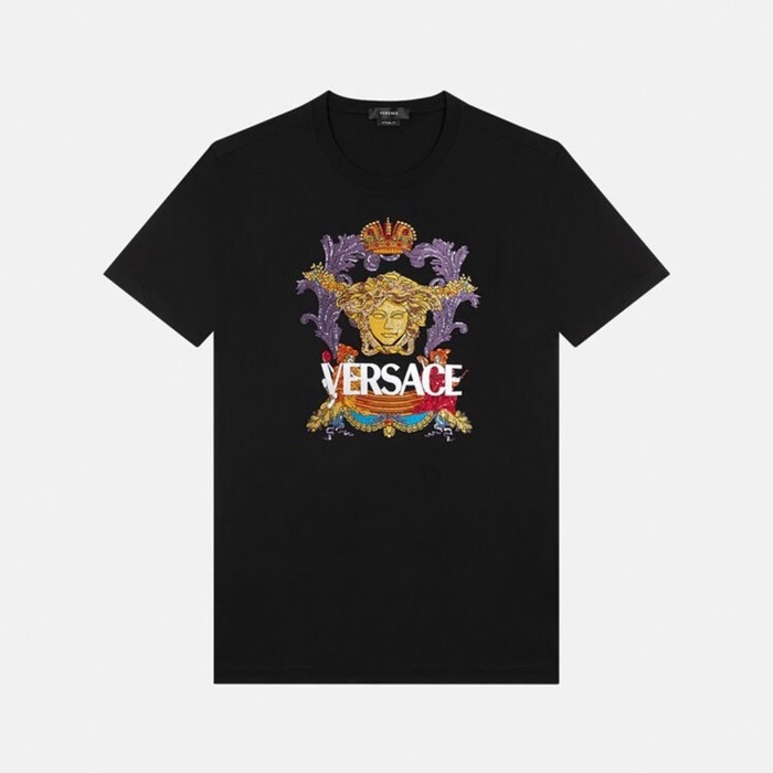 ヴェルサーチェメンズブラッククルーネック半袖Tシャツr0887