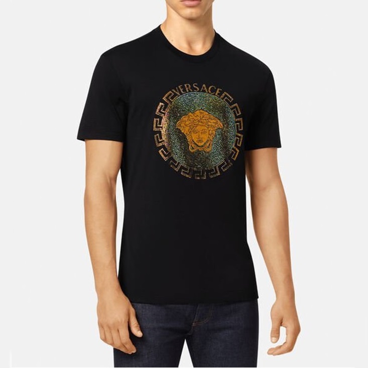 ヴェルサーチェメンズブラッククルーネック半袖Tシャツr0889