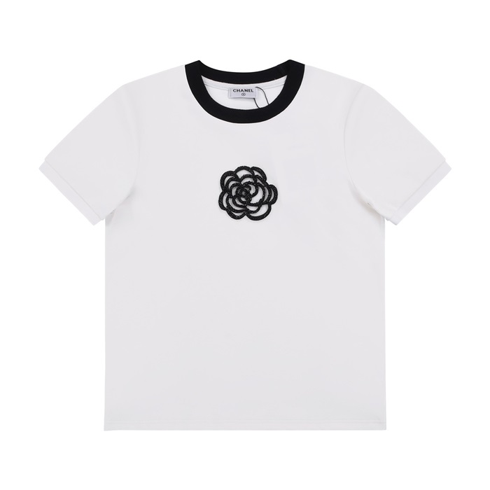 シャネルレディースクルーネックホワイト半袖Tシャツl0853