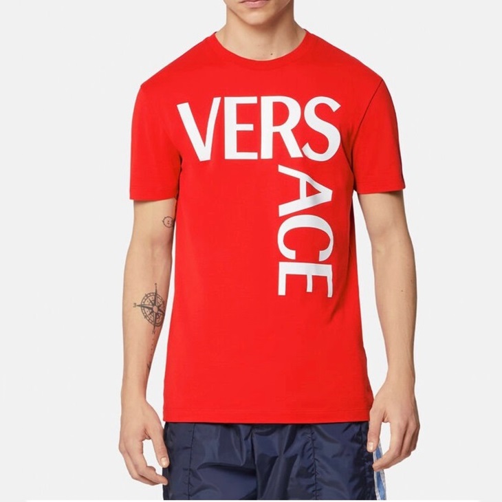 ヴェルサーチェメンズレッドクルーネック半袖Tシャツr0893