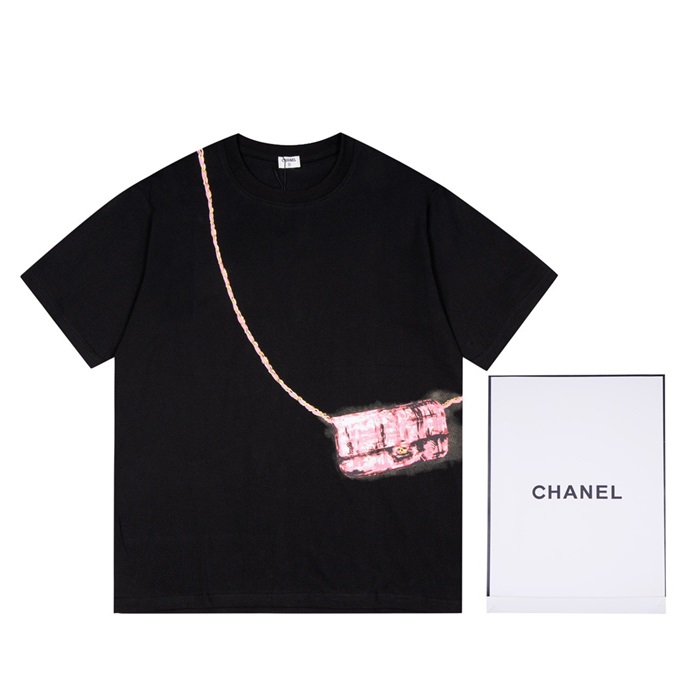 シャネルユニセックスクルーネックブラック半袖Tシャツl0854