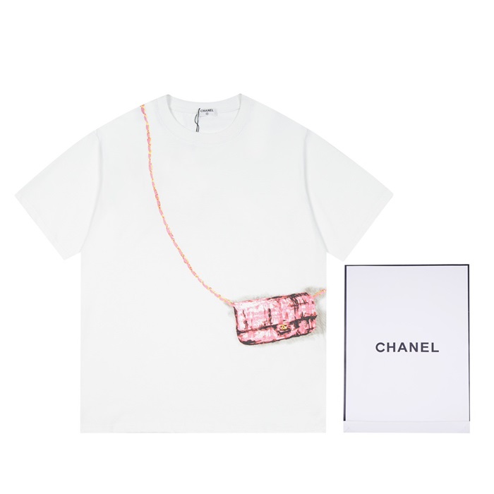 シャネルユニセックスクルーネックホワイト半袖Tシャツl0855