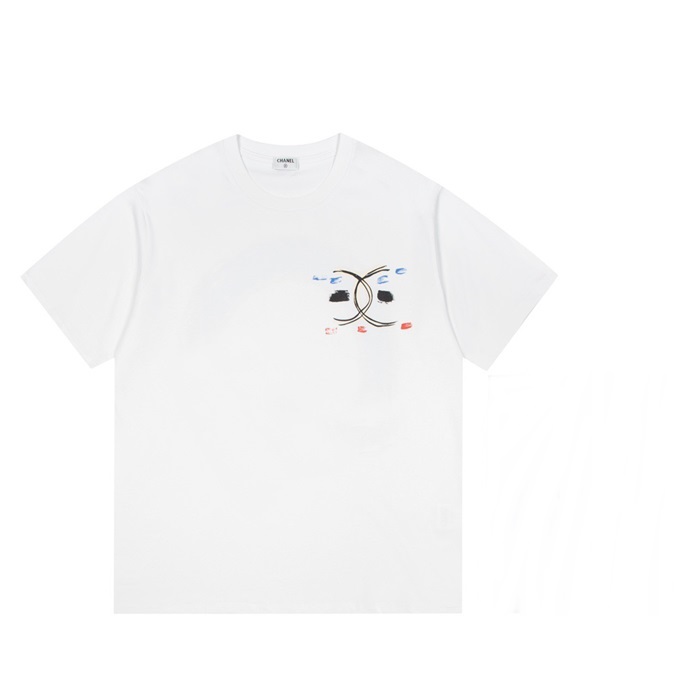 シャネルユニセックスクルーネックホワイト半袖Tシャツl0858