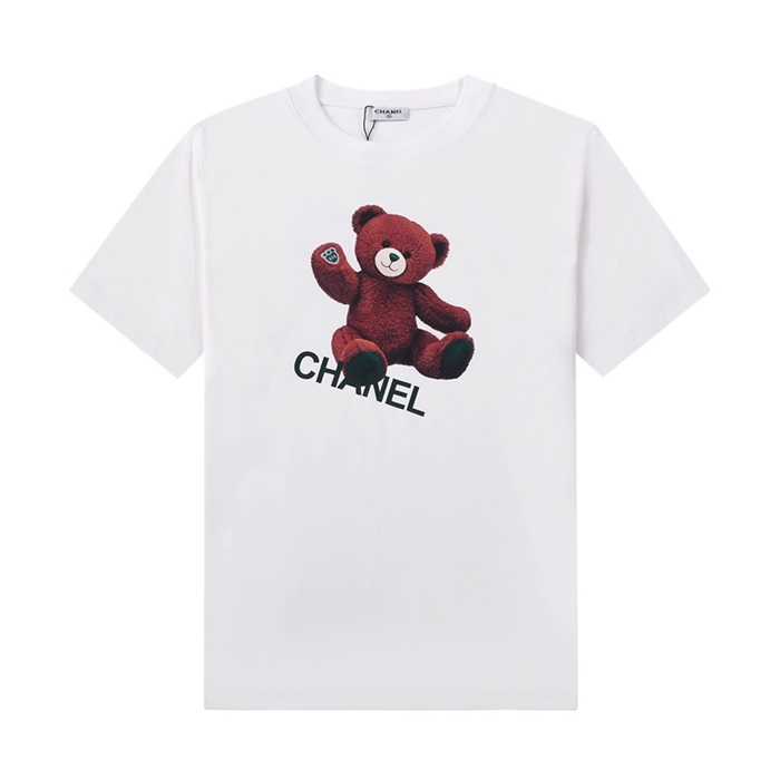 シャネルユニセックスクルーネックホワイト半袖Tシャツl0859