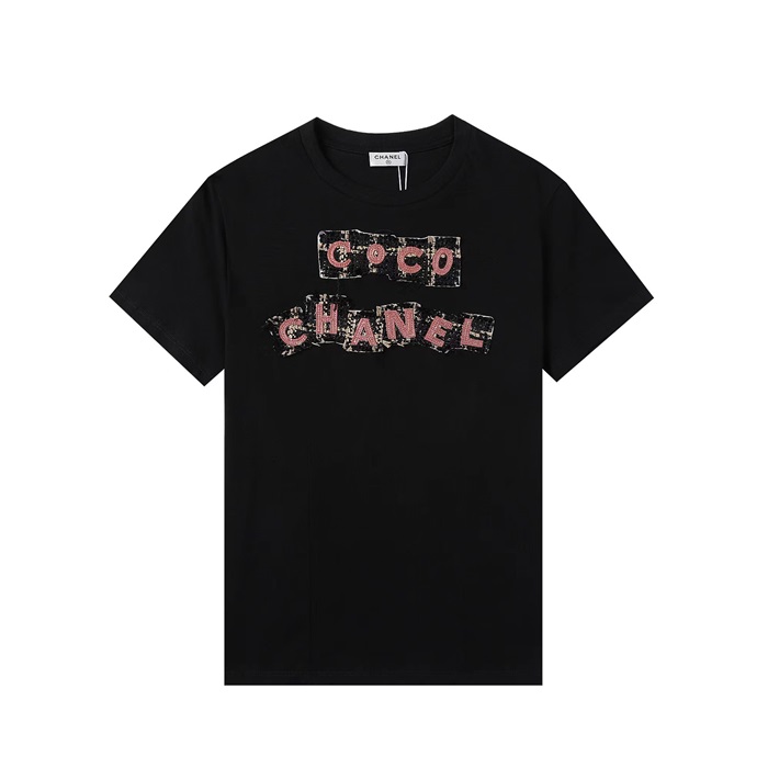 シャネルユニセックスクルーネックブラック半袖Tシャツl0862